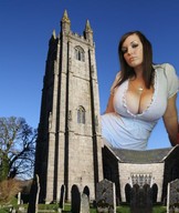 giantess collage clothed cleavage brunette sky church looking_at_viewer