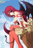 breasts giantess blushing cleavage red_eyes pink_hair red_hair boots sitting shrunken_woman cat_girl houses thigh_highs bikini_armor