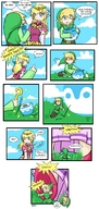 drawing giantess comic color clothed humor unaware shrunken_man outdoors dialogue minish_cap link_(the_legend_of_zelda) princess_zelda_(the_legend_of_zelda) timi