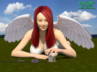 city angel large_breasts long_hair smiling red_hair lying_down hand reaching bruzzo giga_sakura liuti 500_watchers_celebration_wednesday angel_wings digital_render