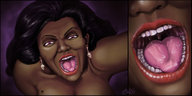 vore black_hair color teeth pink_eyes dark_skin point_of_view downward_view skull_earings