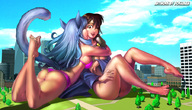 drawing gentle giantess feet city mega color large_breasts butt swimsuit barefoot angle kissing legs lesbians luna teasing giantesses cat_girl commission bokuman lillian kitty_lily kitten_lily