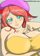 breasts drawing giantess blushing color cleavage huge_breasts red_hair shrunken_woman corruptking between_breasts