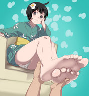 panties feet black_hair color pogojo kimono foot_worship point_of_view nisemonogatari