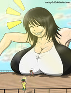 giantess swimsuit teeth cleavage saliva huge_breasts photograph corruptking