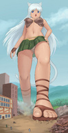 drawing giantess white_hair feet tail city mega upskirt color long_hair destruction blue_eyes skirt pogojo cat_ears cat_girl flip_flops