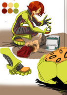 drawing giantess comic color clothed handheld cleavage giganta red_hair shrunken_men crouching costume jumpsuit dc_comics