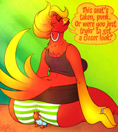 drawing panties furry tail anthro color butt clothed butt_crush sitting shrunken_man jewelry sheela rings looking_back renwin earrings commission dialogue striped_panties phoenix bird_girl roxzy_rocket roxzy beak red_skin thick_thighs looking_at_tiny multicolored_hair bare_midriff