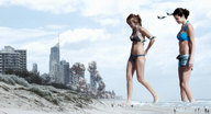 collage city swimsuit destruction beach multiple_giantesses ocean shorts looking_down jets people selena_gomez miley_cyrus