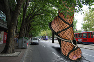 high_heels bus fishnets streets pink_nails vehicles trees giantess_feet pavement_cracking