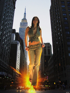giantess collage city clothed jeans brunette walking people vehicles shazam looking_at_viewer