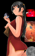 drawing giantess collage trayx panties vore giga black_hair color butt planet moon ponytail dress stomach_view planet_vore cosmic_giantess