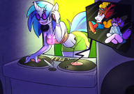 drawing gentle furry tail anthro color large_breasts long_hair clothed cleavage purple_hair blue_hair grinning smiling unicorn shorts yellow_hair headphones shrunken_woman sunglasses standing sheela commission purple_skin my_little_pony horn dj_pon3 records emberbolt humanized_pony orange_skin pale_skin jsk244 bare_midriff vinyl_scratch_(my_little_pony) cutie_mark turntables lavender_shimmer