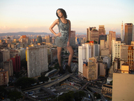giantess collage city black_hair destruction clothed high_heels glasses shoes unknown_artist skyscraper streets vehicle_crush crushed_highway