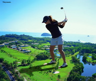 giantess collage city clothed brunette ponytail legs shorts looking_down sunglasses sky sunny trees golf_club cap golf_course