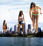 breasts gentle giantess collage feet city mega swimsuit barefoot cleavage water brunette multiple_sizes sunglasses giantesses