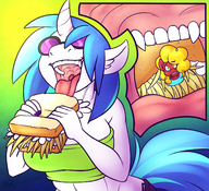drawing furry tail anthro color large_breasts tongue clothed teeth blue_hair daisy mawshot fangs shrunken_man sunglasses sandwich sheela commission my_little_pony horn imminent_vore hay emberbolt red_skin no_background multicolored_hair pale_skin bare_midriff vinyl_scratch_(my_little_pony) cutie_mark starsage