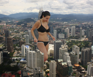 collage city unknown_artist walking looking_down countryside black_bra black_panties between_buildings rooftop_view
