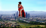 giantess collage city destruction bending_over river skyscrapers trees bianca_beauchamp tinyman1 hills red_dress_red_gloves