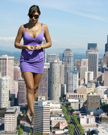 giantess collage city black_hair unknown_artist sandals legs skyscraper sunglasses streets tan purple_dress