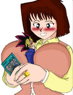 drawing blushing color huge_breasts jodagee grin shrunken_man shrinking_device no_background yu-gi-oh! tea_gardner between_breasts