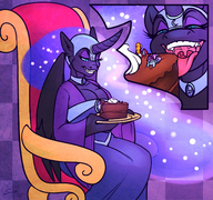 drawing vore furry wings anthro color large_breasts long_hair tongue blue_eyes clothed cleavage blue_hair grinning cake uvula sitting mawshot blue_skin fangs collar shrunken_woman shrunken_man sheela tinies throne commission panels purple_skin my_little_pony horn nightmare_moon imminent_vore emberbolt red_skin on_food cutaway jsk244 looking_at_tinies lavender_shimmer purple_eyeshadow ethereal_hair pixel86