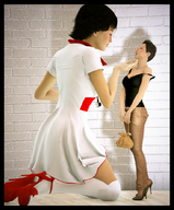 gentle giantess high_heels jeans stockings unknown_artist kneeling nurse hand shrunken_woman digital_render