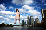 collage city mega long_hair clothed red_hair boots legs lake looking_at_viewer karen_gillan Mega story realistic gtsmakerdj photorealistic