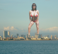 giantess city large_breasts swimsuit glasses brunette skyline muscles sunglasses standing bikini_top bikini_bottom looking_at_viewer