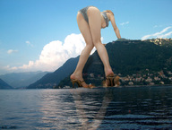 collage mega butt water high_heels legs bending_over mountains clouds houses sky mb_gts trees behind_view