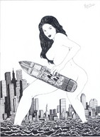 drawing giantess nude city monochrome black_hair ocean marcos_snowbell captured ships