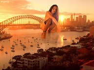 giantess collage city mega long_hair bridge high_heels brunette legs nylons river boats sunset magmag harbor