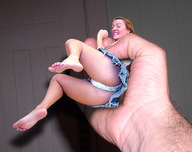 collage handheld barefoot scared hand legs shrunken_woman captured skirt_jeans