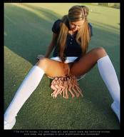 blonde shrunken_woman captions shaved_pussy knee_socks reddrop7 looking_at_tiny