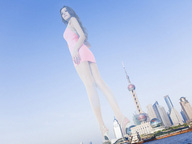 collage city mega long_hair high_heels brunette legs tower chinese sky sjw short_dress
