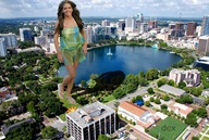 breasts giantess collage city mega brunette smiling dress lake flip_flops looking_at_viewer cranes dex rooftop_view water_fountain