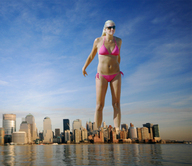 bikini giantess collage city mega blonde swimsuit unknown_artist sunglasses standing water_front