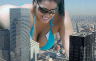 giantess collage city brunette unknown_artist crawling skyscraper sunglasses voluptuous roof_top_view