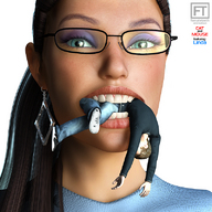 vore blue_eyes teeth glasses brunette shrunken_men face looking_at_viewer femaleteeth digital_render