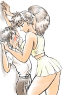 drawing size_difference color large_breasts skirt domination ponytail cheerleader unknown_artist legs amazon shrunken_man cruel cheerleader_outfit seductive ball_busting