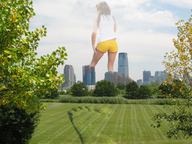 giantess collage city shorts grass foot_print tress white_top behind_view