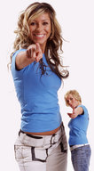 collage blonde long_hair jeans smiling short_hair shrunken_woman looking_at_viewer pointing blue_top