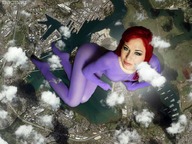 collage landscape city mega red_hair lying_down lake clouds magmag looking_at_viewer above_view