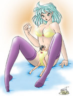 drawing giantess aroused color large_breasts sex green_eyes blue_hair underwear couple socks shrunken_men sitting amazon kissa-g knee_socks long_socks panty_entrapment kissa