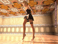 giantess crush blonde barefoot skirt shrunken_men foot_play indoors arm_warmers