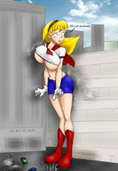 breasts drawing giantess crush manga mega blonde destruction anime grim boots underboob supergirl shorts super clumsy cape dialogue dc_comics bare_legs bare_midriff