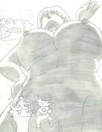 breasts drawing giantess nude pussy mega monochrome large_breasts anime jodagee dragon_ball lineart bulma goku point_of_view dialogue hands_on_hips freeza