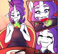 breasts drawing gentle giantess furry blushing anthro dragon color long_hair clothed climbing purple_hair huge_breasts purple_eyes smiling dress sitting table shrunken_man looking_down hugging chair chopsticks sheela closed_eyes point_of_view necklace commission purple_skin my_little_pony horn rarity white_skin looking_at_tiny on_breasts pale_skin jsk244 spike_(my_little_pony) fortune_cookie