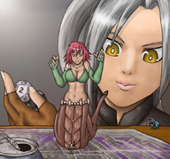 giantess color anime multiple_sizes yellow_eyes table shrunken_woman game snake_girl dice soda_can