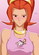 breasts drawing gentle giantess color large_breasts clothed red_eyes red_hair shrunken_men choker lying_on_breasts jora-bora